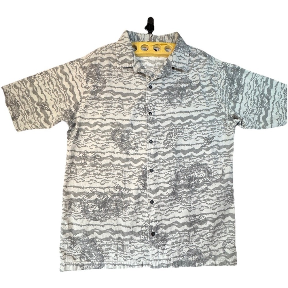 Street Culture Men's Button Short Sleeve Shirt Dragon Pattern‎ XL Cream & Gray